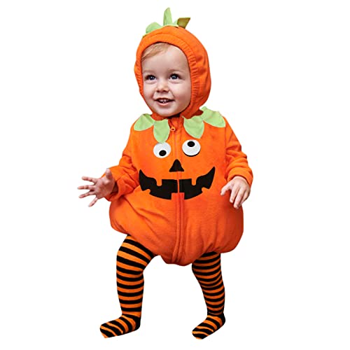 KEIZHUONIQIU Halloween Kürbis Kostüm Baby Strampler - Kürbiskostüm mit Kapuze & Strumpfhose Lustiges Drucken Hoodie Zipper Jumpsuit Kinder Jungen und Mädchen für Halloween Karneval Kostümparty von KEIZHUONIQIU