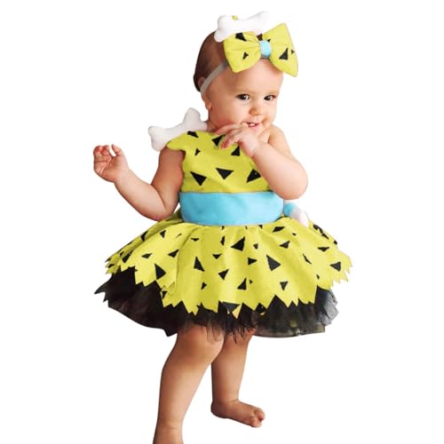 KEIZHUONIQIU Kind Baby Mädchen Feuerstein Tulle Kleid Kinder Steinzeit Halloween Verkleidung Prinzessin Cavewomen Caveman Party Outfit Deluxe Fasching Geburtstag Cosplay Kostüm von KEIZHUONIQIU