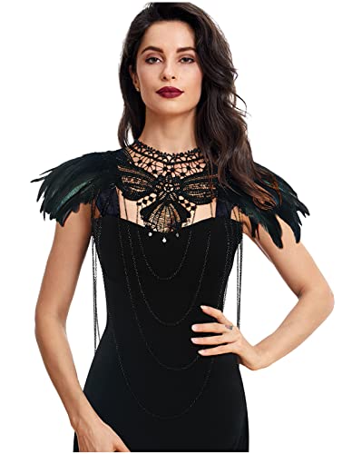 keland Damen Federschmuck Gothic Feder Epauletten Cape Spitzenkragen Halsband Punk Body Chain Körperkette Harness (Schwarz-002) von keland