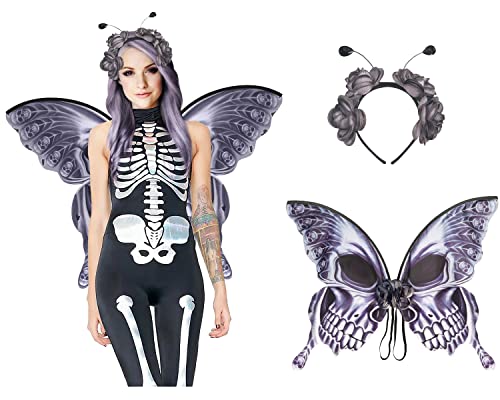 keland Erwachsene Gothic Halloween Kostüm Set - Schädel Muster Schmetterling Flügel & Rose Blume Krone Haarreif Kopfschmuck (Violett-2) von keland