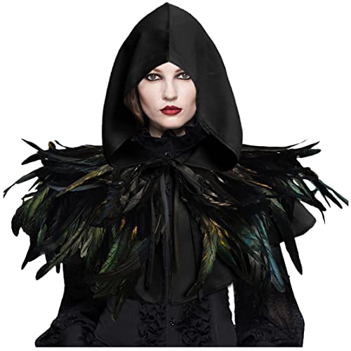 keland Gotisch Federschal Stola Capelet Mittelalterlich Halloween Wicca Pagan Gugel Umhang mit Kapuze Mönch kostüm Set (Schwarz-2) von keland