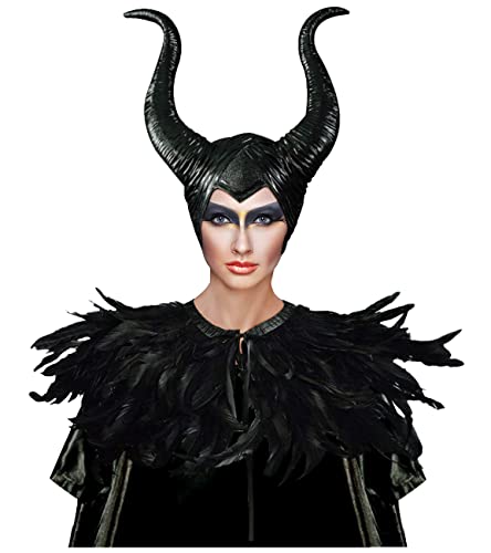 keland Gothic Schwarzer Feder Cape Schal mit Maleficent Hörner Feather Cape Shawl Halloween Karneval Kostüm (Schwarz-02) von keland