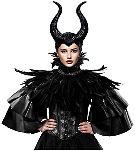 keland Schwarzer Feder Cape Schal mit Maleficent Hörner Gothic Feather Shawl Poncho Halloween Cosplay Kostüm (Schwarz-01) von keland