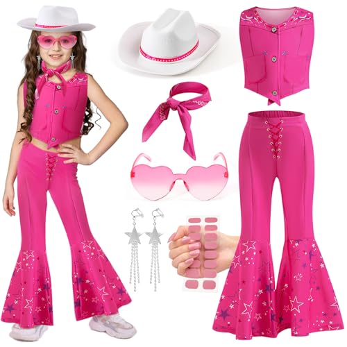 KELENO Rosa Cowgirl Kostüm Mädchen Cowgirl Outfit Mädchen Cowgirl Kostüm mit Cowgirl Hut Halstuch Western Kostüm Mädchen für Karneval Cosplay Halloween Kinder 4 5 6 7 8 9 10 11 Jahre von KELENO