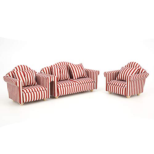 3Pcs Gestreiftes Sofa Set für Puppenhausminiaturen Im Maßstab 1:12 mit 4 Kissen, Orange-Rot Gold, für Puppenhaus Dekoration und Mini Möbelzubehör von KENANLAN