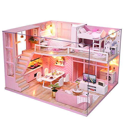 DIY Haus Modell Spielzeug, DIY Handgemachte Miniatur Rosa Mädchen Holz Loft Puppenhaus Modell Kits Spielzeug von KENANLAN