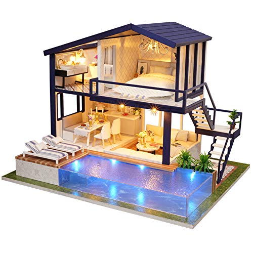 DIY Miniatur Holzvilla mit Pool, Zusammenbau von Puppenhaus Modellbausätzen, Perfektes DIY Haus Set für Kinder und Erwachsene von KENANLAN