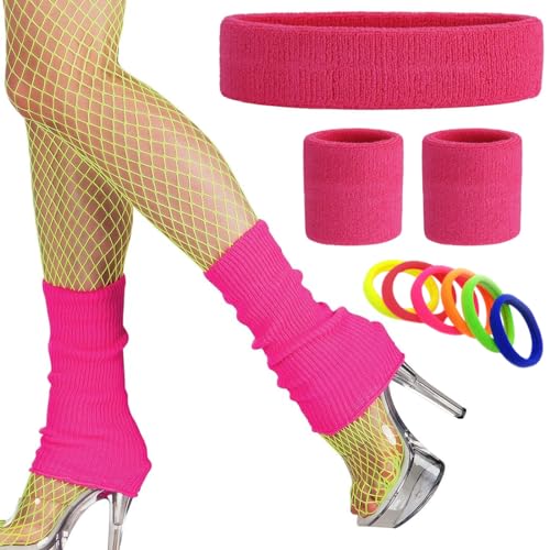 80er 90er Jahre Outfit Damen, 80er Jahre Accessoires 80 Jahre Kostüm Zubehör Set (Stirnband Armband Beinwärmer&Haargummis), Schweißband Set 80er Jahre Outfit Damen Rosa Set für Karneval und Mottoparty von KEPKKU