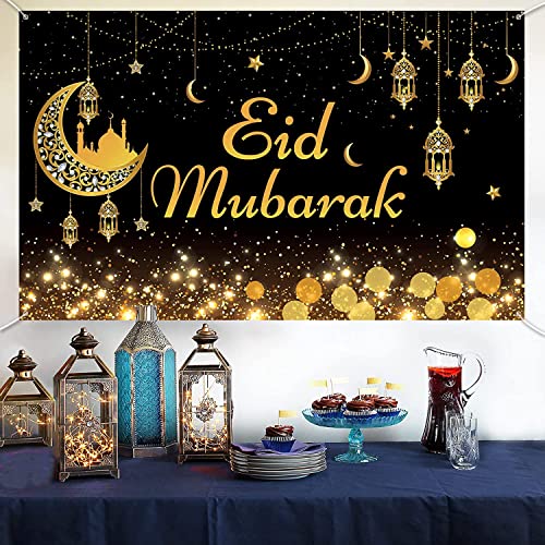 Eid Mubarak Banner, Schwarz Gold Ramadan Mubarak Hintergrund Banner Dekorationen, Großes Stoff Eid Mubarak Schild Banner Muslim Festival Party Hintergrund für Wand Drinnen Draußen, 185 x 110 cm von KEPMOV