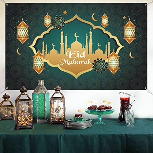 KEPMOV Eid Mubarak Hintergrund, Groß Stoff Ramadan Banner Dekorationen Grün Gold Ramadan Hintergrund Banner Schild Fotokabine Hintergrund mit Seil für Muslimische Ramadan Partyzubehör, 71 x 43,3 Zoll von KEPMOV