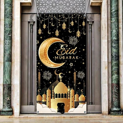 KEPMOV Eid Mubarak Türbanner, Schwarz und Gold Ramadan Mubarak Türabdeckung Ramadan Dekorationen für Zuhause, Eid Mubarak Ramadan Hintergrund mit Mondschlösser Zeichen für Muslimische Dekoration von KEPMOV