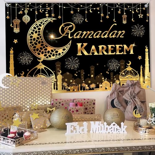 KEPMOV Ramadan Kareem Banner, Schwarz und Gold Ramadan Mubarak Banner Ramadan Dekorationen für zu Hause, Eid Mubarak Kareem Hintergrund mit Mond Laterne Zeichen für Muslimische Decor Party Supplies von KEPMOV