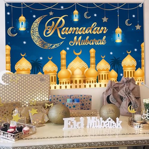 KEPMOV Ramadan Mubarak Banner, Ramadan Banner Ramadan Dekorationen für Zuhause, Extra große Stoff Blau Gold Eid Mubarak Hintergrund mit Mond Laterne Burgen Photo für Islamische Muslim Al-Fitr Party von KEPMOV