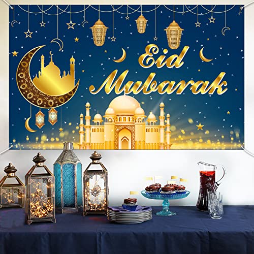 Ramadan Banner, Extra Großes Stoff Eid Mubarak Banner mit Sternen Mond Moschee Blau Goldenes Eid Al-Adha Hänge Schild Dekoration für Wand Garten Tabelle Islamische Ramadan Party Festival Hintergrund von KEPMOV