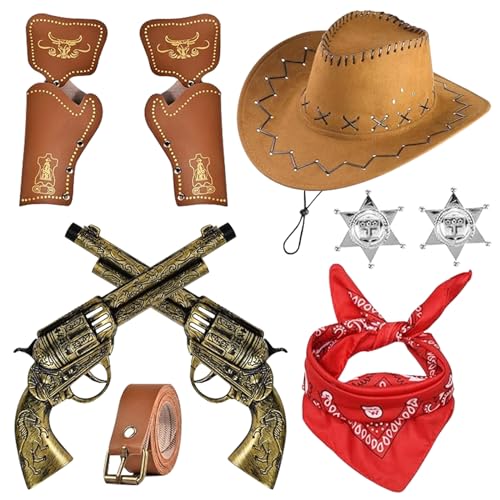 KERANEET Cowboy Kostüm Zubehör Cowboy Kostüm Kinder Kinder Jungen Cowboy mit Cowboy Weste Cowboy Hut Kinder Halstuch für Karneval Cosplay Kinder 3 4 5 6 7 8 9 10 11 12 Jahre (A) von KERANEET