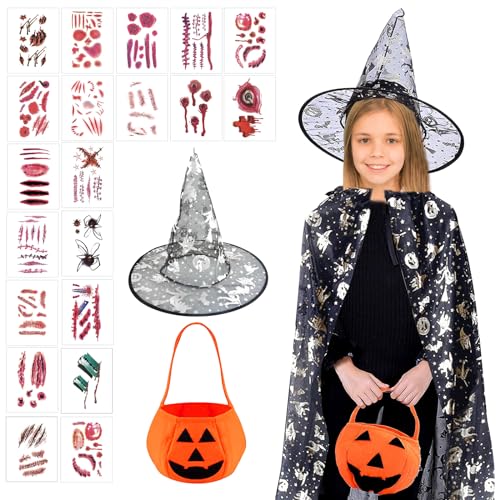 KERANEET Halloween Hexen Zauberer Umhang Halloween Kostüm mit Hut Zauberer Cape mit Kürbis Candy Bag Kinder Halloween Kostüme für Kinder Cosplay Party Halloween Karneval - Schwarz Silber von KERANEET