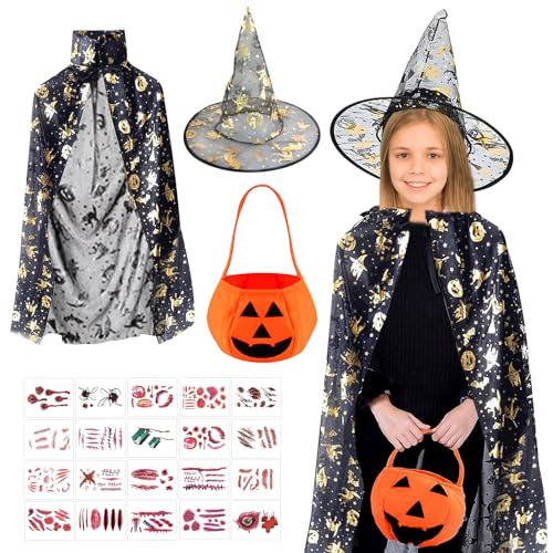 KERANEET Zauberer Kostüm Kinder Zauberer Kostüm Hexenhut Kinder Hexe Zauberer Umhang mit Hut für Kinder für Jungen Mädchen Halloween Cosplay Party von KERANEET