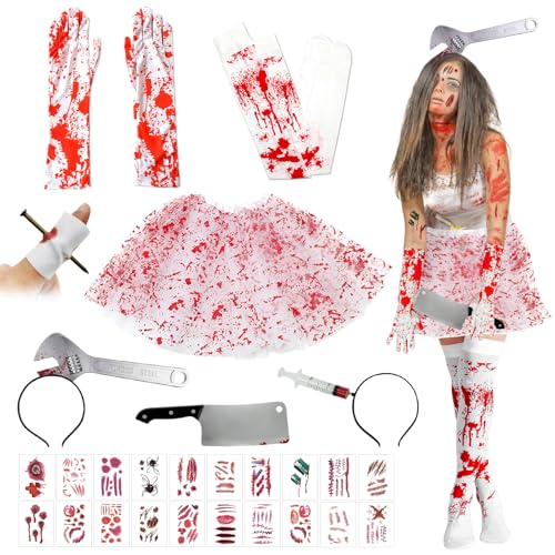 KERANEET Zombie Kostüm Krankenschwester Kostüm Halloween Krankenschwester Kostüm Zombie Braut Kostüm Horror Kostüm Halloween Kostüm Damen für Halloween Party Cosplay von KERANEET