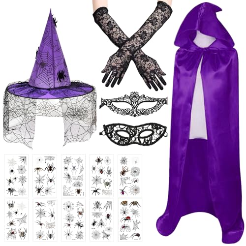 KERANEET Hexenkostüm Damen Halloween Kostüm Damen Hexe Hexenhut Damen Hexen Umhang Hexen Zubehör Halloween Kostüm Damen für Cosplay und Maskerade von KERANEET