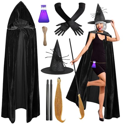 KERANEET Hexen Kostüm Damen Hexenbesen Hexenumhang DamenHexenkostüm Damen Hexenbesen Damen Halloween Kostüm Damen Hexe für Halloween Hexenkostüm Damen Halloween Cosplay Maskerade von KERANEET