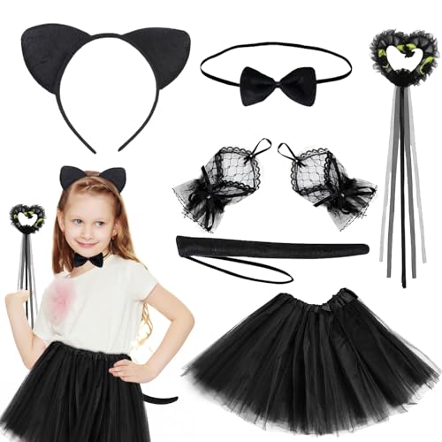 KERANEET Katzen Cosplay Kostüm Katzenkostüm Set Kinder Katze Ohren Stirnband Schwarz Katzen Kostüm mit Tutu Rock Head Buckle Bow Tie Tail für Party Karneval Fasching Rollenspiele (A) von KERANEET