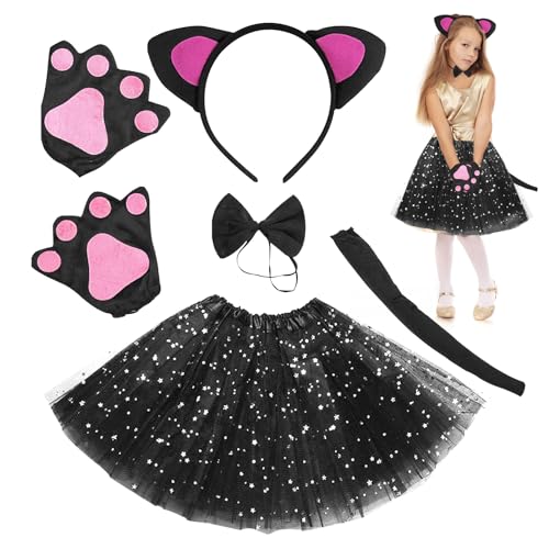 KERANEET Kostüm Katze Mädchen Katzen Cosplay Set Leoparden Kostüm Kinder Kostüm Katze Kinder Cosplay Tierkostüm Kinderkostüm mit Tutu Rock Katzenohren Haarreif für Karneval Fasching Mottoparty (A) von KERANEET