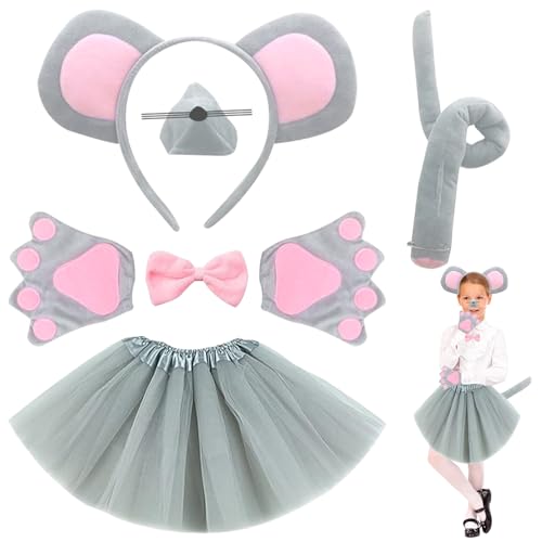 KERANEET 6 Stück Maus Kostüm Set Maus Ohren Tier Kostüm Set Ohren Stirnband Schwanz Tier Verkleidung Set Maus Kostüm Kinder für Cosplay Karneval Halloween Dekorationszubehör von KERANEET