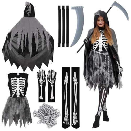 KERANEET Sensenmann Kostüm Damen Skelett Kostüm Mädchen Skelett Kostüm Damen Sensenmann Kostüm Mädchen Sensenmann Kostüm für Halloween Sensenmann Cosplay von KERANEET