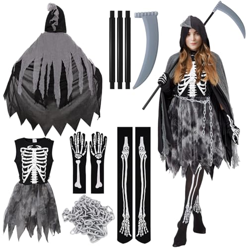 KERANEET Sensenmann Kostüm Damen Skelett Kostüm Mädchen Skelett Kostüm Damen Sensenmann Kostüm Mädchen Sensenmann Kostüm für Halloween Sensenmann Cosplay von KERANEET