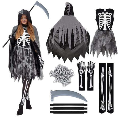 KERANEET Sensenmann Kostüm Skelett Kostüm Mädchen Sensenmann Kostüm Mädchen Skelett Kostüm Damen für Mädchen Kostüm Cosplay Outfit Halloween Party von KERANEET