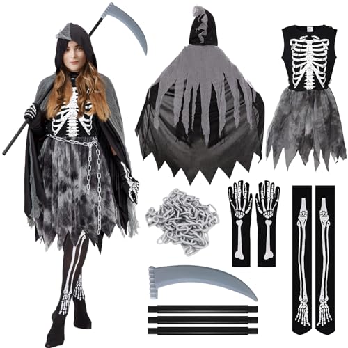 KERANEET Sensenmann Kostüm Skelett Kostüm Mädchen Sensenmann Kostüm Kinder Skelett Kostüm Kinder 5-7 Jahre für Mädchen Sensenmann Reaper Costume Cosplay Outfit Halloween Party von KERANEET