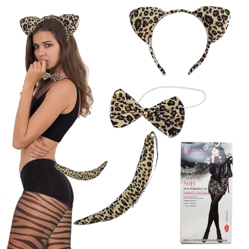 KERANEET Tier Kostüm Set Tierohren Stirnband, Ohren Stirnband Set Ohren Haarreifen Schwanzzubehör für Kinder und Erwachsene Halloween Karnevalsparty verkleiden sich (Leopard) von KERANEET