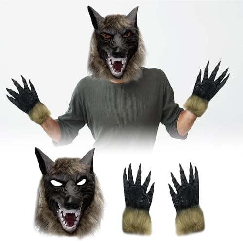 KERANEET Halloween Wolfskopf Maske Werwolf Maske und Wolfskrallen Halloween Werwolf Kostüm Set Werwolf Maske für Halloween Party Fasching Party Cosplay Kostüm Party Werwolf Spiel von KERANEET