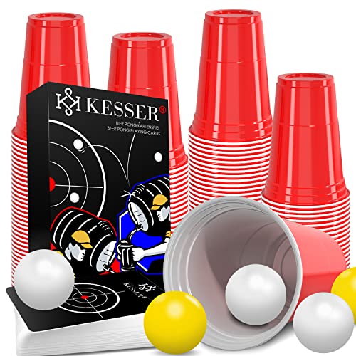 KESSER® Beer Pong Becher Set Mit Kartenset 54 Karten, Bierpong Trinkspiele Partybecher Sets (100 Becher 473ml + 10 Bällen) Bierpong Cups Spieleabend Geburtstag Partyspiel Hochzeit von KESSER