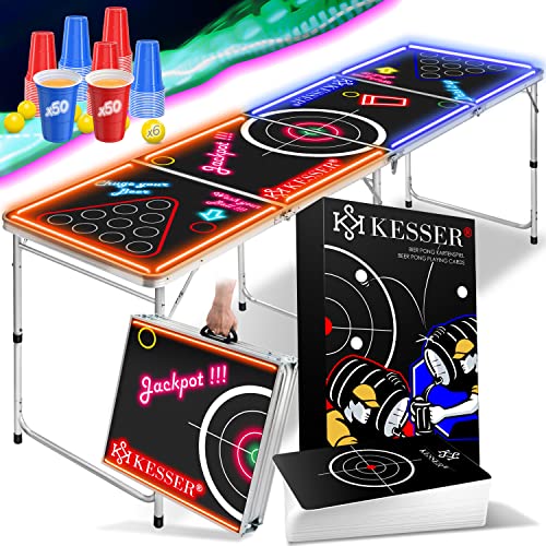 KESSER® Beer Pong Tisch Set mit Kartenspiel Trinkspiel LED-Action inkl. 100 Becher (50 Rot & 50 Blau), 6 Bälle + Regelwerk Partyspiele Table Höhenverstellbar Klappbarer Classic mit Led + Kartenspiel von KESSER