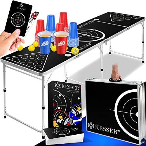 KESSER® Beer Pong Tisch Set mit Kartenspiel Trinkspiel - inkl. 100 Becher (50 Rot & 50 Blau), 6 Bälle + Regelwerk Partyspiele Table Höhenverstellbar KlappbarerClassic + Kartenspiel von KESSER