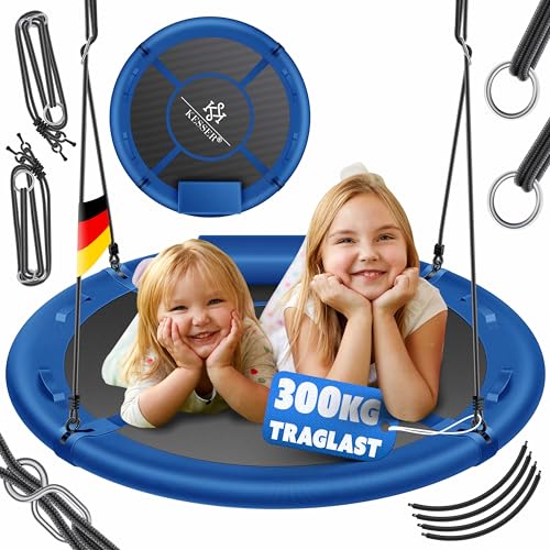 KESSER® Nestschaukel Tellerschaukel Hängeschaukel Rundschaukel Ø 100cm Schaukel bis 300kg belastbar mit Kissen & 4 Griffen verstellbar Kinderschaukel Indoor & Outdoor für Kinder & Erwachsene Blau von KESSER