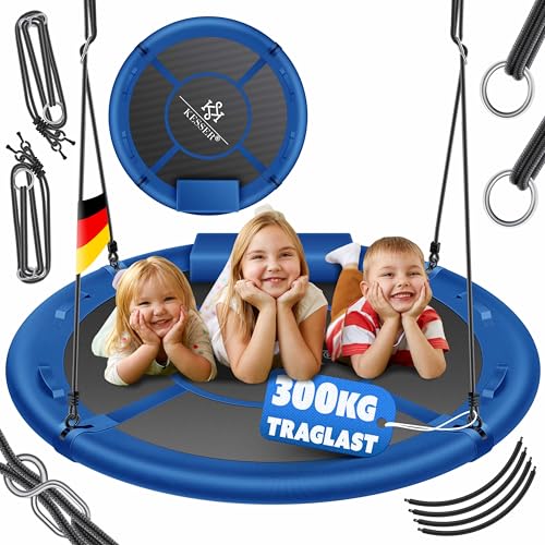 KESSER® Nestschaukel Tellerschaukel Hängeschaukel Rundschaukel Ø 120cm Schaukel bis 300kg belastbar mit Kissen & 4 Griffen verstellbar Kinderschaukel Indoor & Outdoor für Kinder & Erwachsene Blau von KESSER