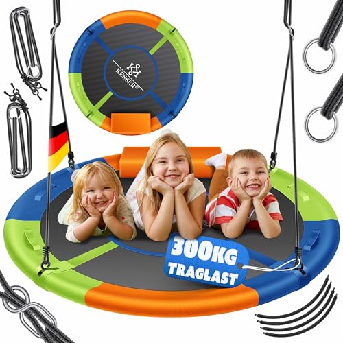 KESSER® Nestschaukel Tellerschaukel Hängeschaukel Rundschaukel Ø 120cm Schaukel bis 300kg belastbar mit Kissen & 4 Griffen verstellbar Kinderschaukel Indoor & Outdoor für Kinder & Erwachsene Bunt von KESSER