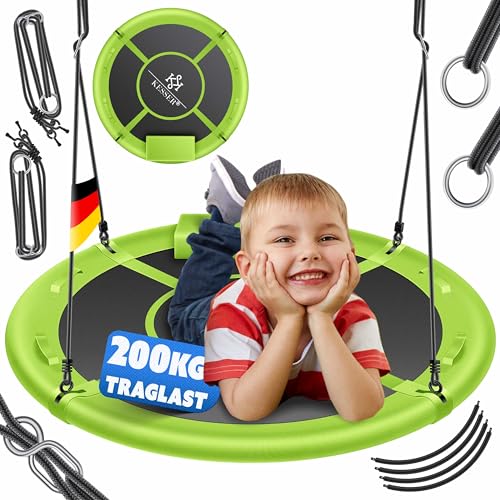 KESSER® Nestschaukel Tellerschaukel Hängeschaukel Rundschaukel Ø 60cm Schaukel bis 200kg belastbar mit Kissen & 4 Griffen verstellbar Kinderschaukel Indoor & Outdoor für Kinder & Erwachsene Grün von KESSER