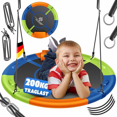 KESSER® Nestschaukel Tellerschaukel Hängeschaukel Rundschaukel Ø 60cm Schaukel bis 200kg belastbar mit Kissen & 4 Griffen verstellbar Kinderschaukel Indoor & Outdoor für Kinder & Erwachsene Bunt von KESSER