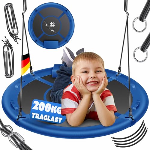 KESSER® Nestschaukel Tellerschaukel Hängeschaukel Rundschaukel Ø 60cm Schaukel bis 200kg belastbar mit Kissen & 4 Griffen verstellbar Kinderschaukel Indoor & Outdoor für Kinder & Erwachsene Blau von KESSER