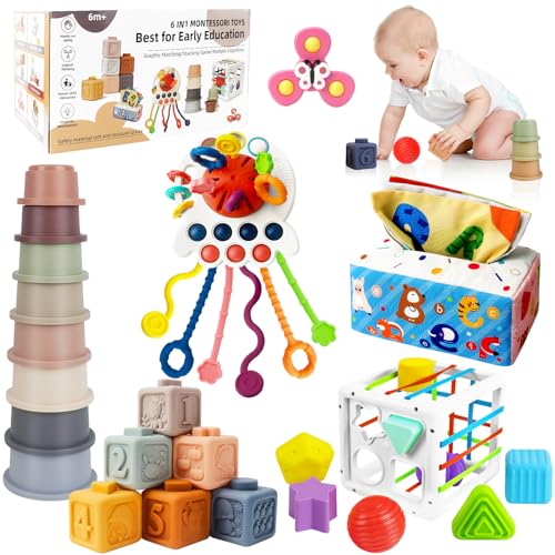 KETIEE Montessori Spielzeug Baby 6 Monate 6 in 1 Baby Spielzeug 9 Monate, Sensorik Baby Spielzeug Motorikspielzeug Stapelturm UFO Zugschnur Spielzeug Motorikwürfel Taschentuchbox Saugnapf Spielzeug von KETIEE