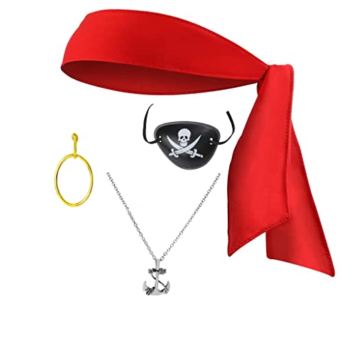 KEUGT 4 Stück Piraten Kostümzubehör Set,Piratenkostüm Zubehör,Halloween Piraten Party Deko,Piraten-Rollenspiel-Kits mit Pirat Augenklappe Headband Ohrringe Geldbörsen Halskette für Kinder Cosplay von KEUGT