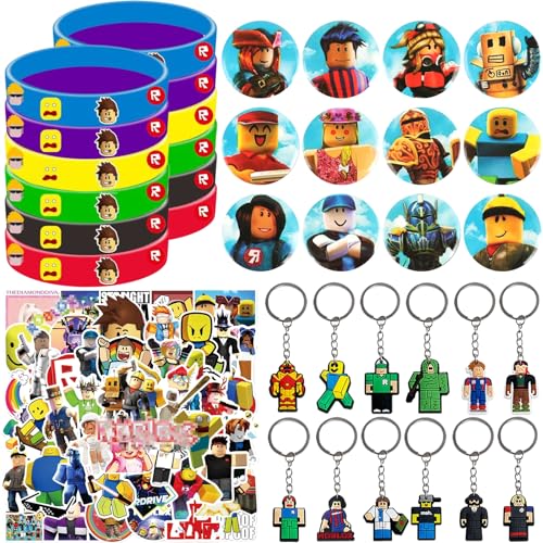 KEVRDRT 86 Pcs Party Mitgebsel, kindergeburtstag gastgeschenke set mit Schlüsselanhänger Aufkleber Silikon Armbänder Anstecker, Spielzeug Set, Give Aways Kindergeburtstag für Kinder von KEVRDRT