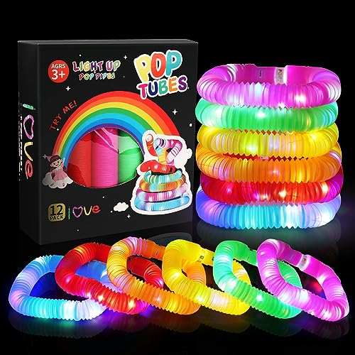 12 Stück Pop Tubes, 2023 LED Pop Tubes Fidget Toys Knicklichter Armbänder Party Deko Set Leuchtstäbe Buntes Festival Zubehör Sensorik Spielzeug Kleine Geschenke von KEWUZY