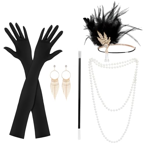 KEWUZY 5 Teiliges 20er Jahre Accessoires, Great Gatsby Accessoires Flapper Set, Charleston Accessoires Damen, mit Flapper Stirnband Handschuhen Perlenkette Ohrringen für Halloween Weihnachten von KEWUZY