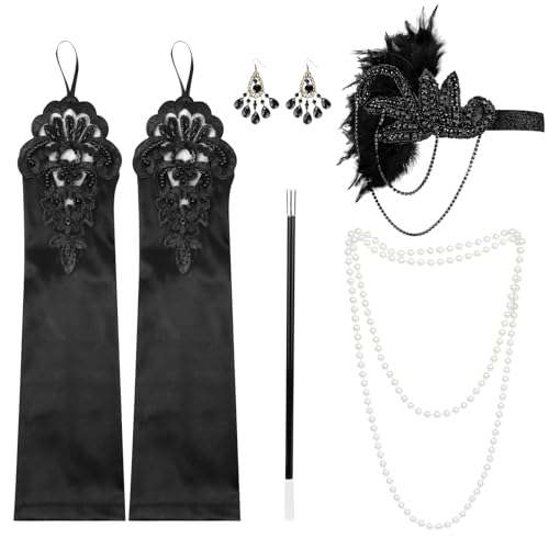 KEWUZY 5 Teiliges 20er Jahre Accessoires, Great Gatsby Accessoires Flapper Set, Charleston Accessoires Damen, mit Flapper Stirnband Handschuhen Perlenkette Ohrringen für Halloween Weihnachten von KEWUZY