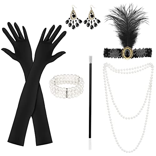 KEWUZY 6 Teiliges 20er Jahre Accessoires, 1920 Zubehör Set, Great Gatsby Party Kostüme Damen mit Flapper Stirnband Handschuhen Perlenkette Ohrringen für Halloween Weihnachten von KEWUZY