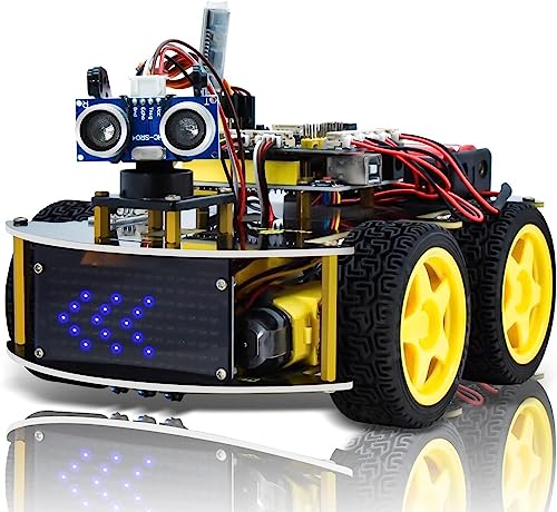 KEYESTUDIO 4WD Roboter Bausatz Kompatibel mit Arduino IDE Elektronik Baukasten mit Mikrocontroller, Line Tracking Modul, Ultraschallsensor, Auto Roboter Programmierbegeisterter für 14+ Teenager von KEYESTUDIO